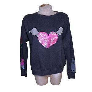 Zara Sequined heart‎ sweatshirt vintage cat graphic girls Size 13/14 gray